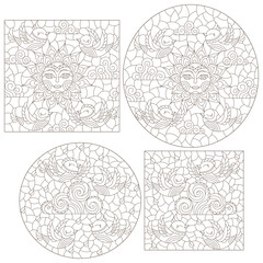 Set of contour illustrations in the stained glass style with cartoon birds on the sky background, dark outlines on a white background