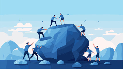 Abstract teamwork concept with a group of people pushing a boulder. simple Vector art - obrazy, fototapety, plakaty