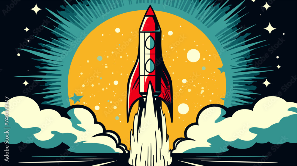 Wall mural abstract cosmic rocket launch with retro typography. simple vector art