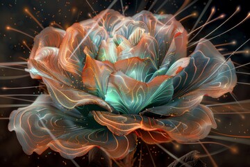 Digital Artwork of a Flower Rose exhibiting a Striking Interplay of Color and Light - Flower is Centrally placed and Seems to Emerge from Darkness into Light created with Generative AI Technology