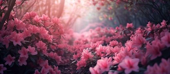 A vibrant landscape filled with pink flowers, their petals creating a magenta reef beneath the trees. The sun shines through the branches, casting a beautiful art on the grass below - obrazy, fototapety, plakaty