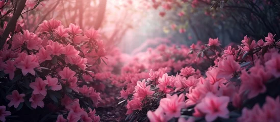 Gordijnen A vibrant landscape filled with pink flowers, their petals creating a magenta reef beneath the trees. The sun shines through the branches, casting a beautiful art on the grass below © TheWaterMeloonProjec