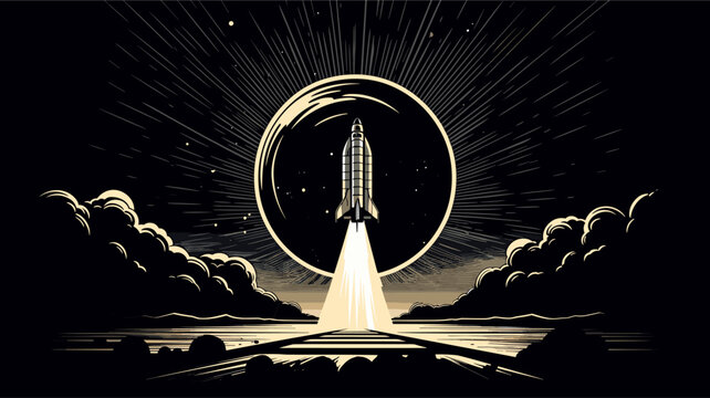 Abstract Retro Rocket Taking Off From A Lunar Base. Simple Vector Art