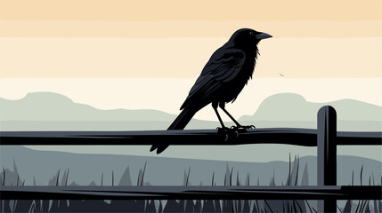 Abstract black crow perched on a fence. simple Vector art - obrazy, fototapety, plakaty