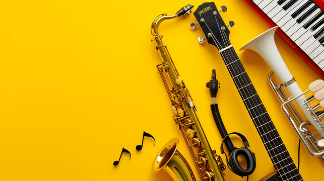 a collection of musical instruments such as guitar, piano, trumpet on a yellow background with copy space