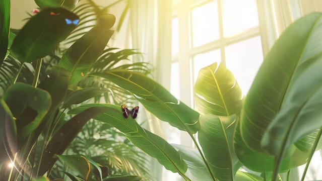 beautiful tropical plants with green leaves in stylish living room. seamless looping overlay 4k virtual video animation background 