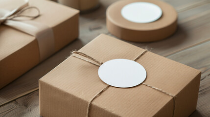 Round sticker mockup on gift box.