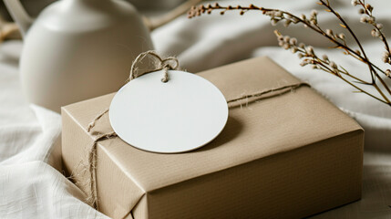 Round sticker mockup on gift box.