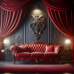 A red luxurious sofa against a wall with luxurious curtains ,light focused on sofa , modern interior design