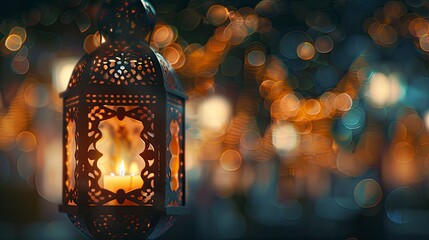 Muslim Holy Month Ramadan Kareem - Ornamental Arabic Lantern With Burning Candle And Bokeh Glowing At Evening - Eid Ul Fitr - generative ai - obrazy, fototapety, plakaty