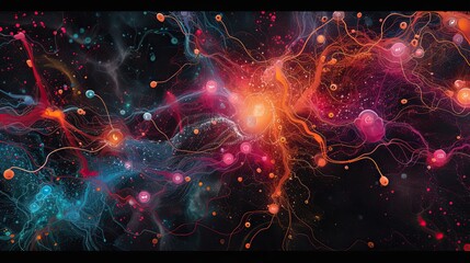 Wide colorfull 2D art image of an internet map as a brain network, tore hubs for apps, vibrant, black background