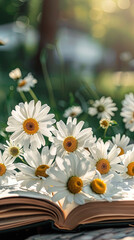 Obraz premium Happy world poetry day background. White daisies on an open poetry book with natural light