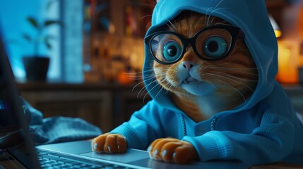 Cat Wearing Blue Hoodie Works on Laptop