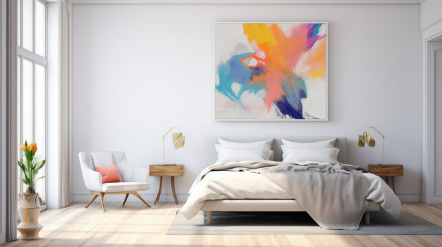 A serene bedroom with a blank white empty frame, adorned with a simple yet captivating abstract painting in vibrant hues.