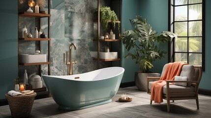 A calming bathroom with tranquil teal tiles and soft coral accents, featuring a freestanding bathtub and marble countertops, creating a spa-like oasis for relaxation and rejuvenation