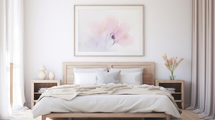 A serene bedroom with a blank white empty frame, adorned with a simple yet captivating watercolor painting in soft pastel shades.