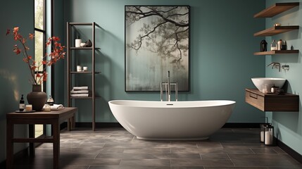 Fototapeta na wymiar A calming bathroom with tranquil teal tiles and soft gray accents, featuring freestanding bathtub and rainfall showerhead, creating a spa-like sanctuary for relaxation and rejuvenation