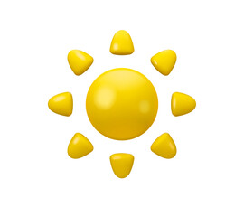Vector 3d shining sun emoji. Yellow cartoon icon, isolated on white background. Cute summer emoticon illustration, good weather symbol