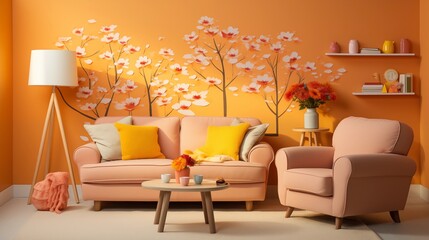 A cheerful nursery with vibrant coral walls and sunny yellow accents, featuring whimsical wall decals and plush toys, creating a bright and playful environment for the little one to explore and grow - obrazy, fototapety, plakaty