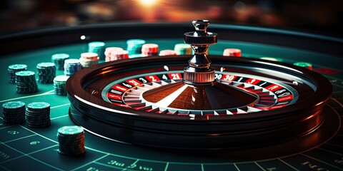 Close-up of a rotating roulette wheel. Presentation of a luxury casino roulette wheel. A polished, elegant roulette with gold elements in Las Vegas. The concept of excitement. - obrazy, fototapety, plakaty