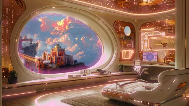 View of a Futuristic Utopian City in the Clouds from a Floating Space lounge with Color Changing Lights