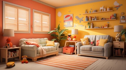 A cheerful nursery with vibrant coral walls and sunny yellow accents, featuring playful wall decals and plush toys, creating a bright and joyful environment for the little one to explore and grow - obrazy, fototapety, plakaty
