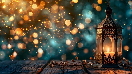 Muslim Holy Month Ramadan Kareem - Ornamental Arabic Lantern With Burning Candle And Bokeh Glowing At Evening - Eid Ul Fitr - generative ai - obrazy, fototapety, plakaty