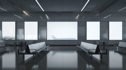 Rows of vacant billboards line the walls of the lounge providing a prime location for companies to reach a captive audience of airport travelers.