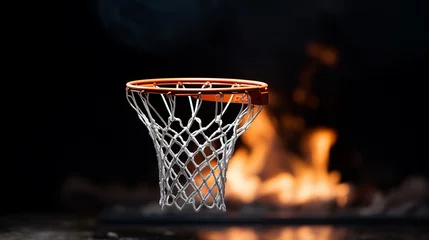 Keuken spatwand met foto Closeup basketball hoop on dark background © iCexpert