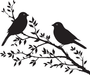 Set of Swallow Birds on branch black silhouette on white background