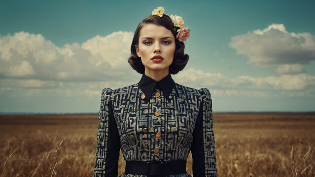 Fashion portrait of a young woman in fantasy dress in surreal outdoor settings. A blend of baroque and rococo styles. Fashion concepts, floral, beauty, elegance, and artistic designs.