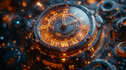 An intricate and futuristic clock is displayed its gears and hands constantly moving and changing. Surrounding the clock are swirling lines and data points representing the