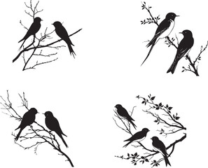 Fototapeta premium Set of Swallow Birds on branch black silhouette on white background