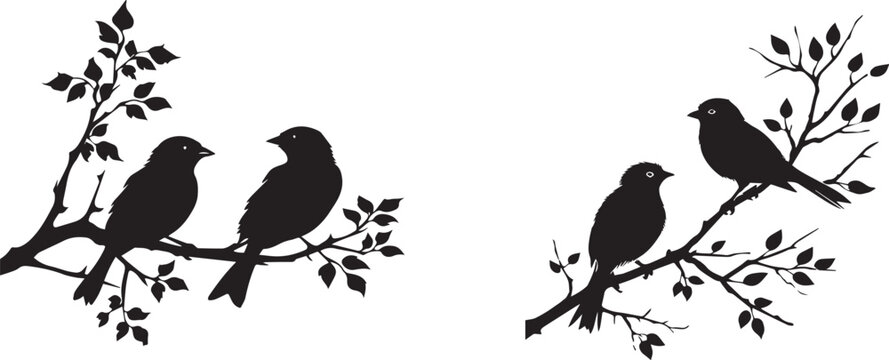 Set of Swallow Birds on branch black silhouette on white background