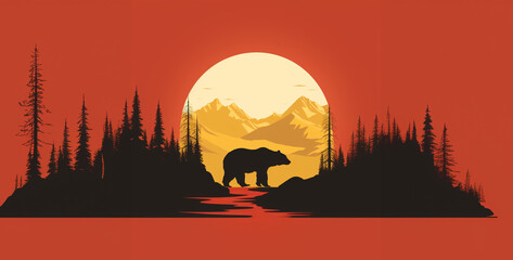 Illustration of a bear in the mountains with a sunset in the background,Silhouette of a bear in the forest. Vector illustration.