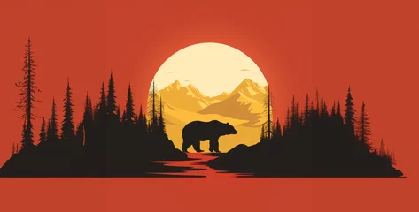 Papier Peint photo Lavable Montagnes Illustration of a bear in the mountains with a sunset in the background,Silhouette of a bear in the forest. Vector illustration.