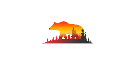 Silhouette of wild bear and pine forest vector logo design template,Illustration of a bear in the mountains with a sunset in the background,Silhouette of a bear in the forest. Vector illustration.
