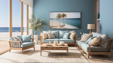 A coastal-inspired living room with coastal blue walls and soft beige furnishings