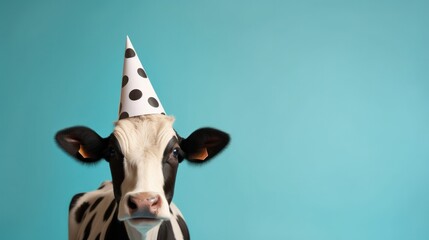 Funny cow with birthday party hat on blue background.