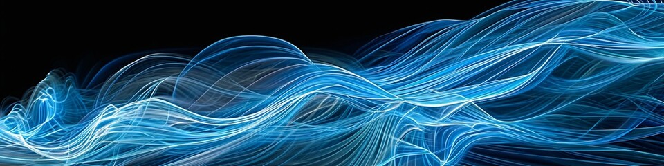 Neon light blue waves in an ethereal abstract display, as clear and detailed as a photograph taken by an HD camera