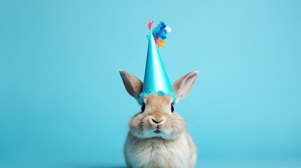 Funny rabbit with birthday party hat on blue background. - obrazy, fototapety, plakaty