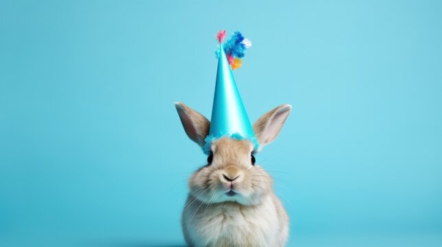 Funny rabbit with birthday party hat on blue background. - Powered by Adobe