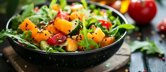 An upclose view of a vibrant salad in a bowl, showcasing an array of fresh ingredients like leafy vegetables and colorful produce set on a table