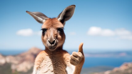 Portrait of friendly kangaroo making thumbs up. - obrazy, fototapety, plakaty