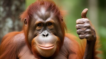 Portrait of friendly orangutan making thumbs up. - obrazy, fototapety, plakaty