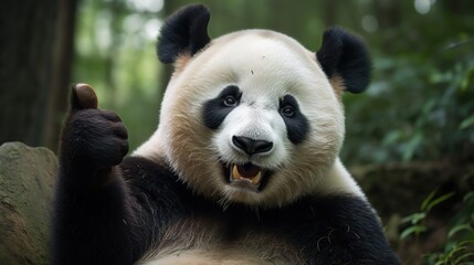 Fototapeta premium Portrait of friendly panda making thumbs up.