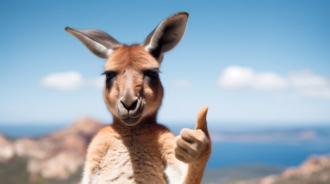 Portrait of friendly kangaroo making thumbs up.