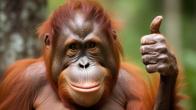 Portrait of friendly orangutan making thumbs up.