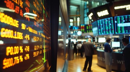 Blurred activity on a busy stock market trading floor with digital financial data screens displaying the latest market trends.