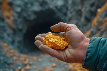 A person's hand presenting a large gold nugget with the entrance to a mine visible in the background, symbolizing successful prospecting. - obrazy, fototapety, plakaty